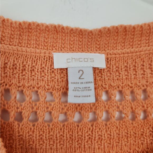 Chico's Size 2 Open Knit Sweater Sherbert Orange, 3/4 Sleeve, Spring Sweater - Picture 4 of 4